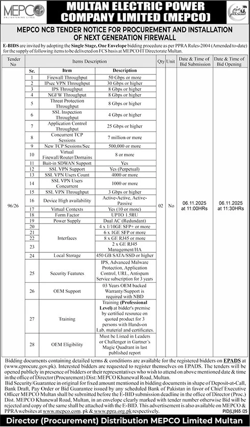 Multan Electric Power Company Limited Tender Notice